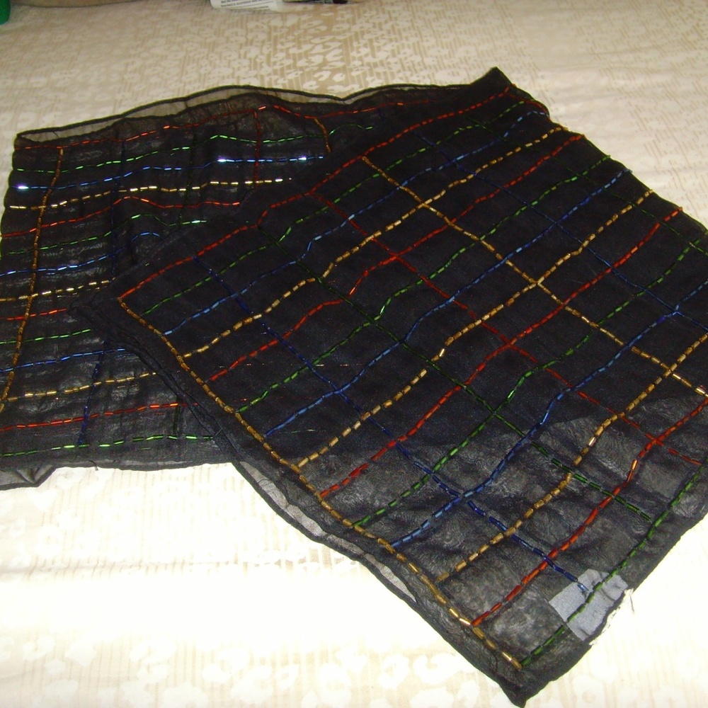 Vintage Elegant Sheer Black Scarf with Tubular Baguettes  58" by 13.5" - Picture 11 of 14